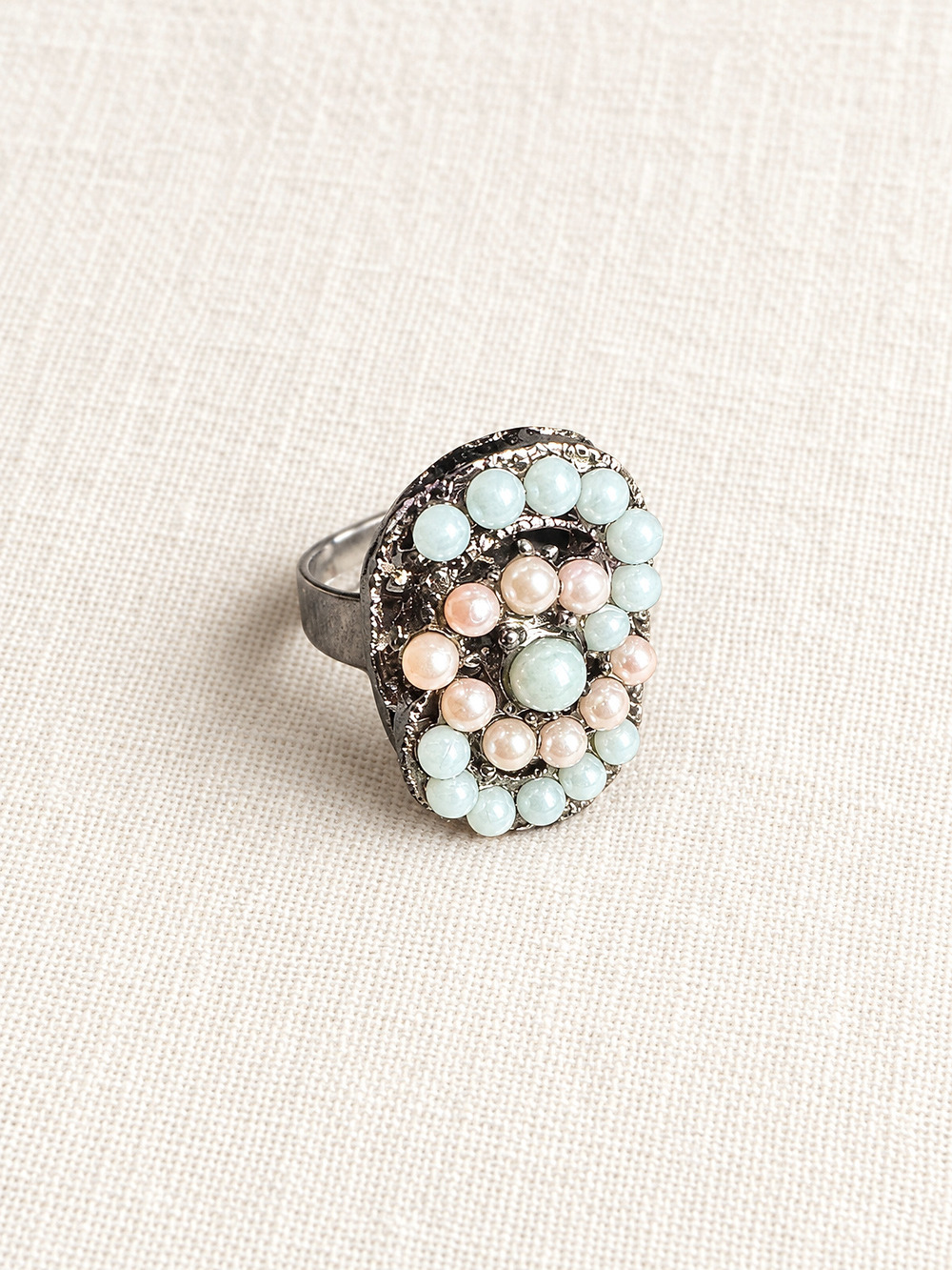 ⚜️ Vintage-style Cocktail Ring | Pearl & Jade-Tone Cluster | Silver-Tone 💗